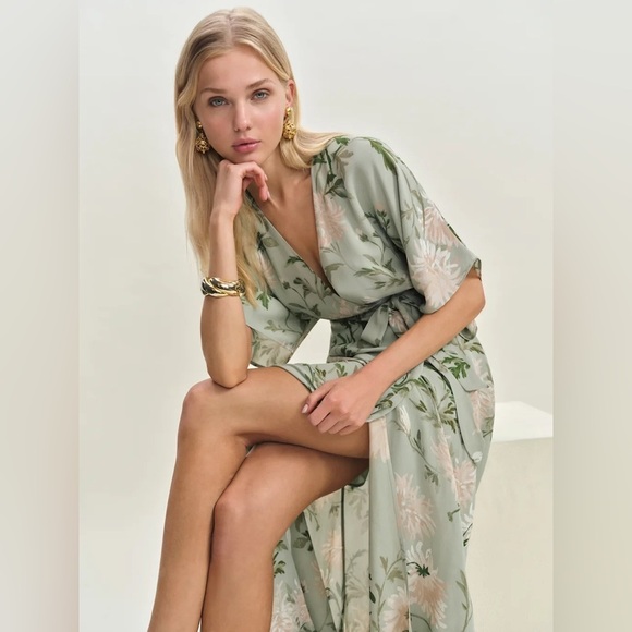 NEW Reformation Winslow Wrap Dress Pergola Floral Green | size XS - Picture 3 of 14